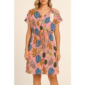 Ekouaer Pink Floral Dress Sz M Short Sleeve Drawstring Waist Summer Casual